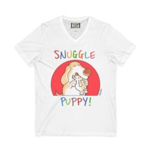 Snuggle Puppy V-Neck Tee — Cute Dog Illustration Tee for Pet Lovers